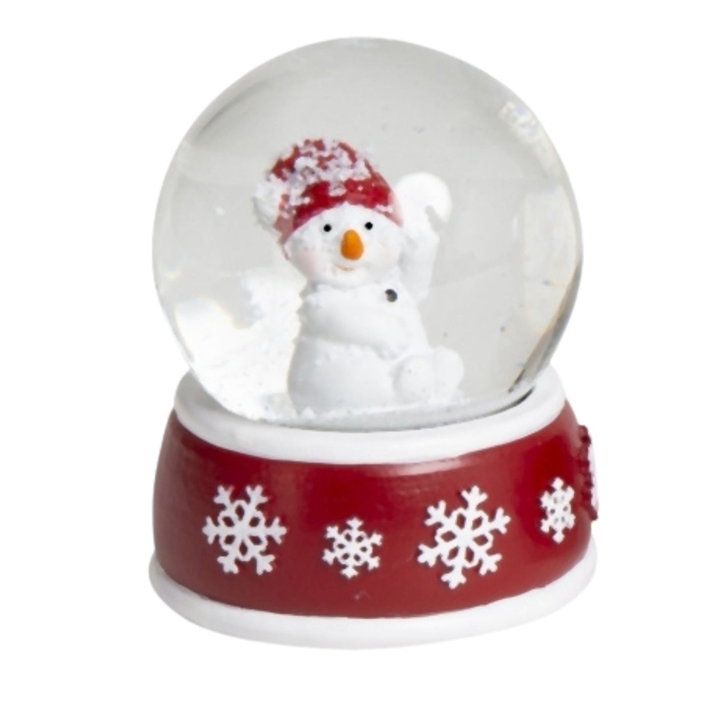 4 Schneekugeln Schneemann mit Sockel rot weiß Schneeflocke B: 65mm - Schneekugelhaus