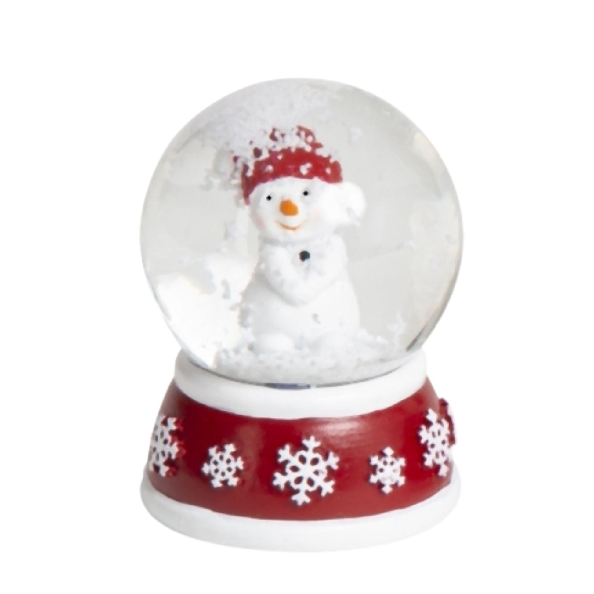 4 süße Mini - Schneekugeln Schneemann mit Sockel rot weiß Schneeflocke B: 45mm - Schneekugelhaus