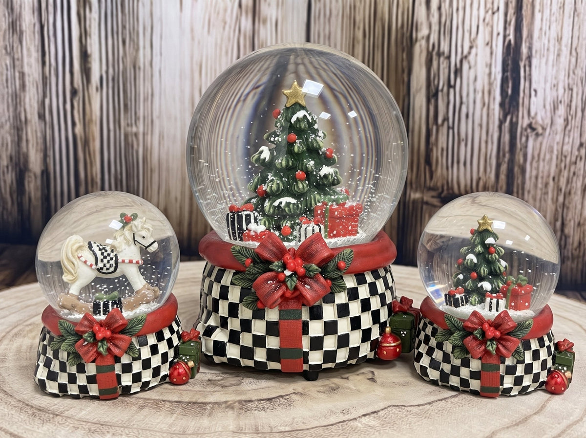 Art-Deco-Paket Checkerboard - 3 Nostalgie Schneekugeln in zwei Größen - Schneekugelhaus