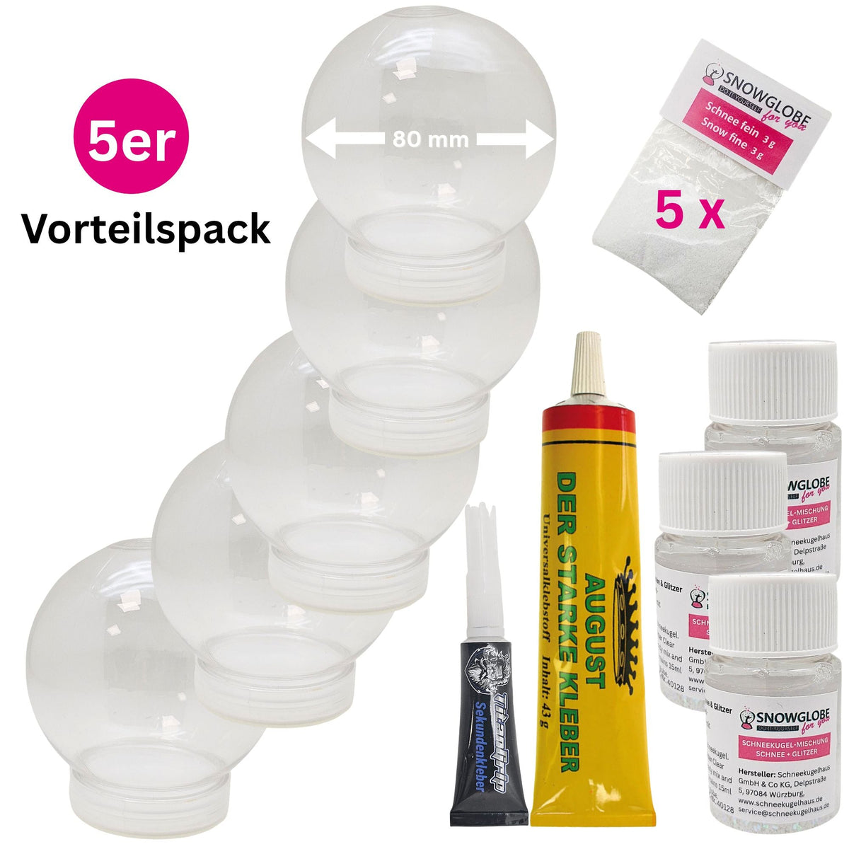 DIY Schneekugel-Set „Party-Pack“ (5er Vorteilspack) 80 rund mit Schraubverschluss - Schneekugelhaus