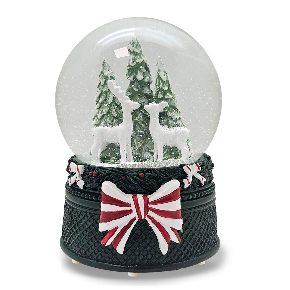 Nostalgische Schneekugel 2 Rehe Weihnachtsdekor grün 100 mm Durchmesser mit Spieluhr - Schneekugelhaus