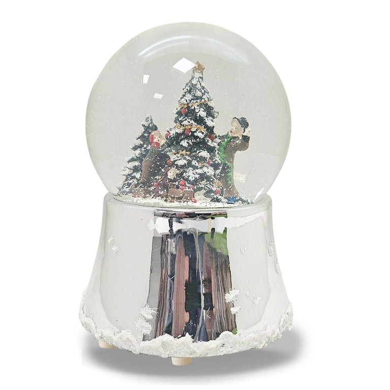 Nostalgische Schneekugel Christbaum schmücken auf silber glänzend mit Schneeflocken 100 mm Durchmesser mit Spieluhr - Schneekugelhaus