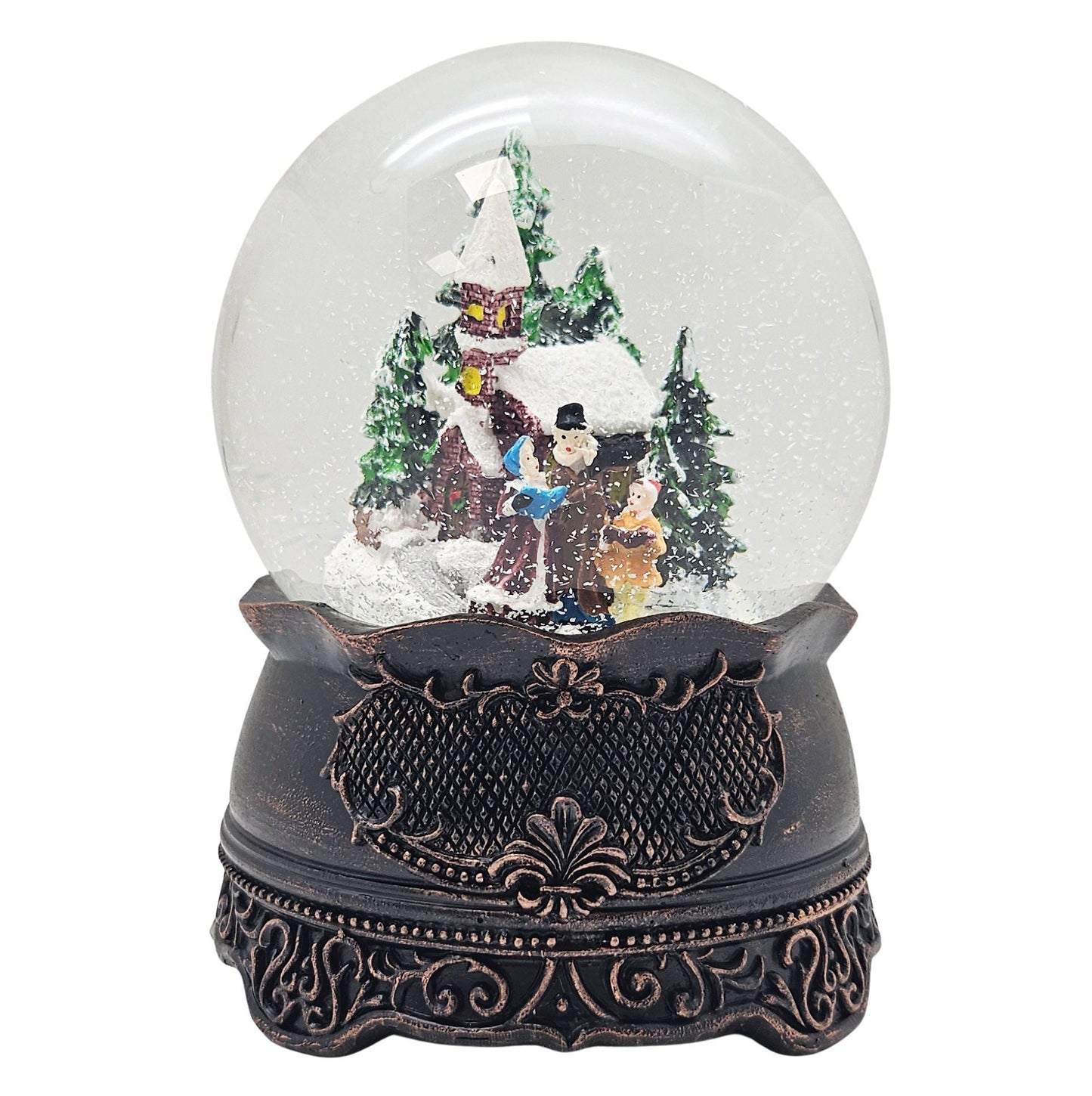 Nostalgische Schneekugel Weihnachtsspaziergang auf Ornamentsockel kupfer antik 100 mm Durchmesser mit Spieluhr - Schneekugelhaus