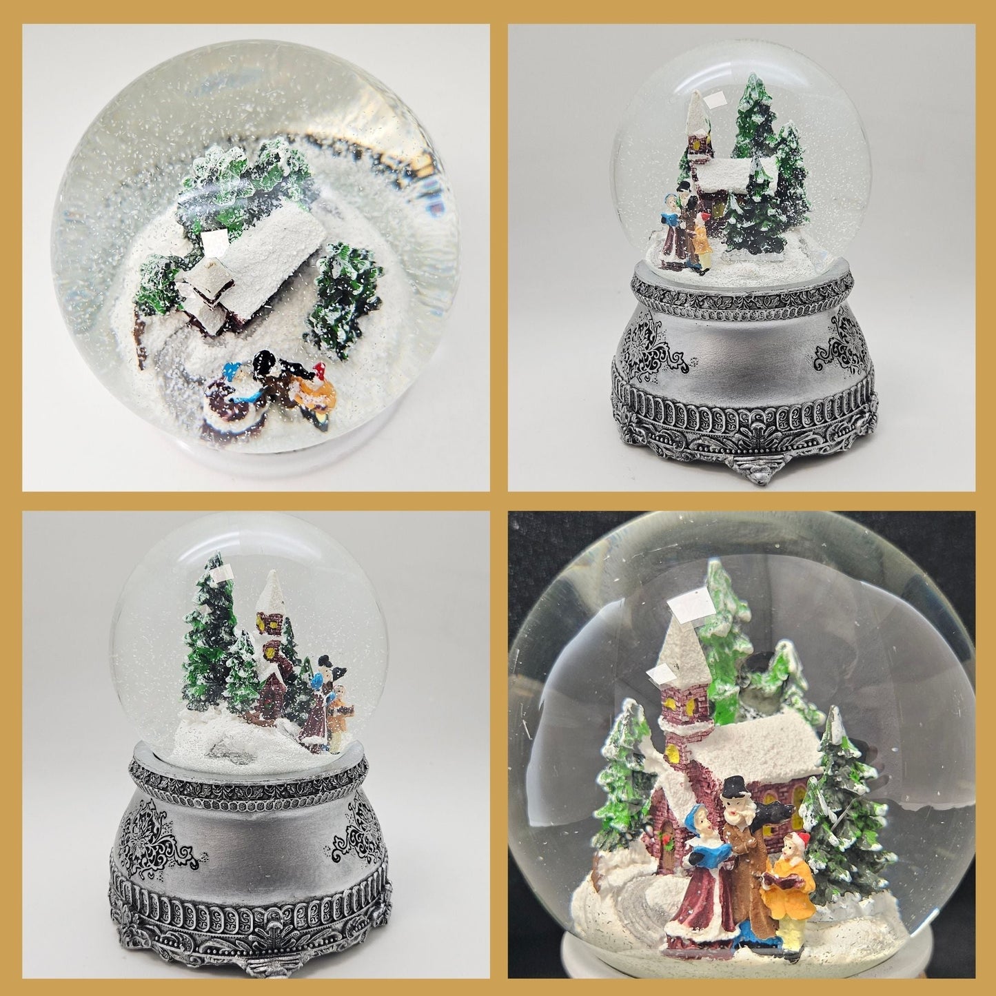 Nostalgische Schneekugel Weihnachtsspaziergang auf Zinnsockel 100 mm Durchmesser mit Spieluhr - Schneekugelhaus