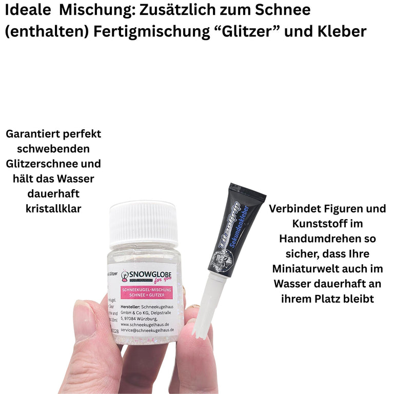 DIY-Komplett-Bastelset für Kunststoff-Schneekugel für FIMO 86x75 mm schwarz mit Schnee, Glitzer, Wasserklar & Sekundenkleber