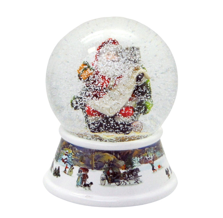 Schneekugel Weihnachtsmann mit Geschenkeliste auf Sockel nostalgische Schneelandschaft mit Spieluhr - Schneekugelhaus